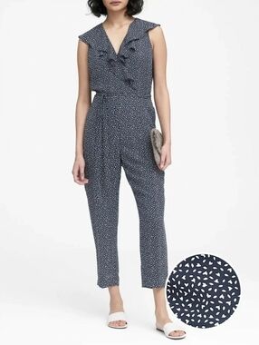 Banana Republic Print Ruffle V-Neck Cropped Jumpsuit In Navy